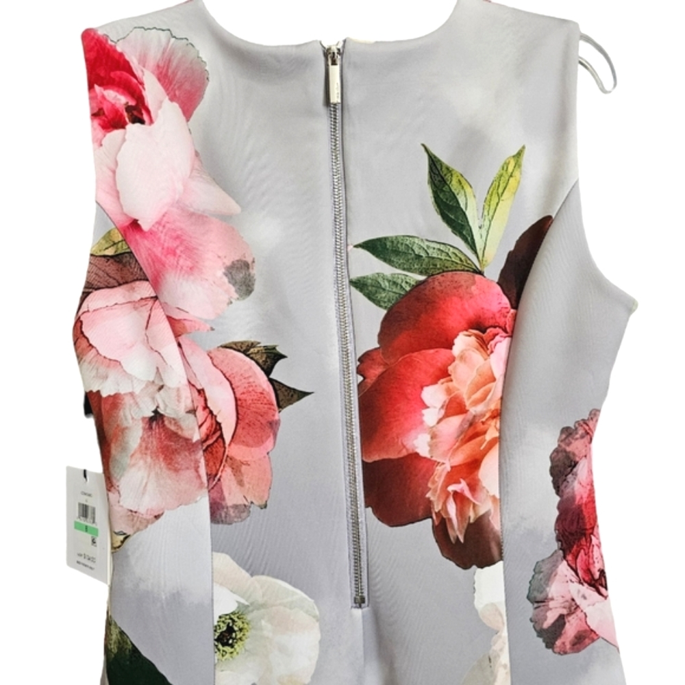Nwt Calvin Klein Gray/Pink Abstract Floral Scuba  Sleeveless Fit& Flare Dress - Picture 11 of 17